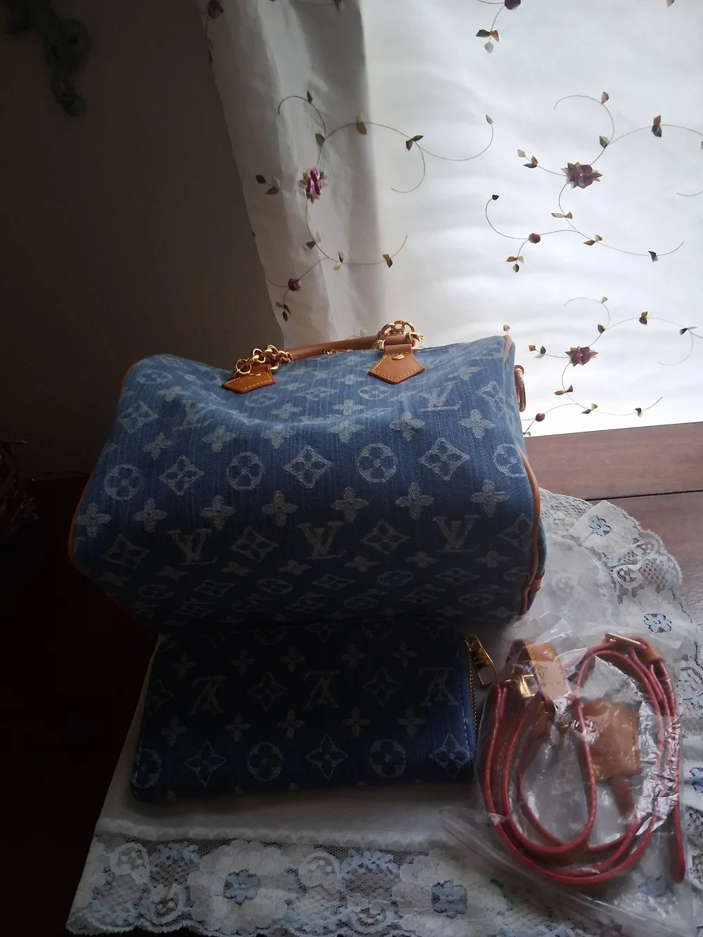 Blue Monogram Denim Crossbody Satchel with Charm Chain